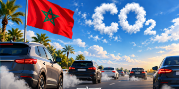 Moroccan flag overlooking traffic as vehicle emissions rise into CO₂ clouds. (Designed by MWN team)