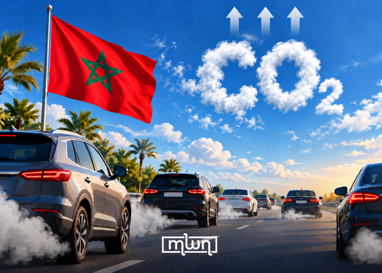 Moroccan flag overlooking traffic as vehicle emissions rise into CO₂ clouds. (Designed by MWN team)