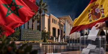 Illustration showing the Moroccan and Spanish flags alongside Morocco’s Foreign Ministry building and a ballot box. (Designed by MWN team)