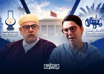 Abdelilah Benkirane and Fatima Ezzahra El Mansouri pictured alongside the logos of the PJD and PAM parties. (Designed by MWN team)