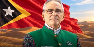 President José Ramos-Horta pictured against the Timor-Leste flag and a Sahara desert backdrop. (Designed by MWN team)