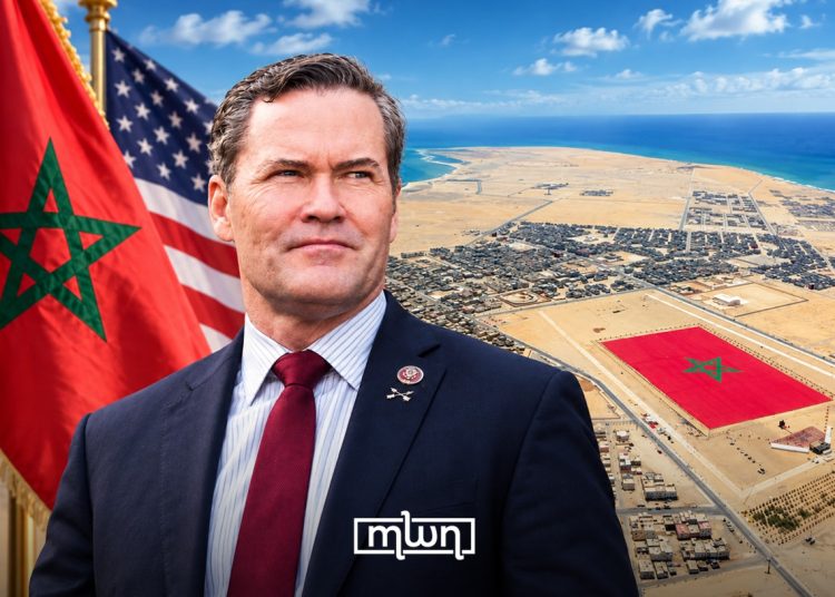 US Ambassador to the United Nations Mike Waltz pictured alongside the Moroccan and US flags, with an aerial view of Western Sahara in the background. (Designed by MWN team)