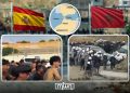 Feature image showing Moroccan forces intervening to stop migrants from reaching Ceuta alongside footage of Spanish Guardia Civil officers as migrants enter the enclave. By MWN Design Team