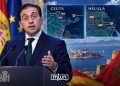 A graphic featuring Spanish Foreign Minister José Manuel Albares speaking at a podium, with maps of Ceuta and Melilla and the Spanish and Moroccan flags in the background, by MWN Design Team.
