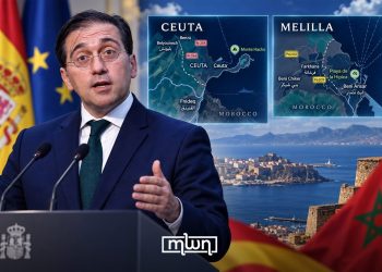 A graphic featuring Spanish Foreign Minister José Manuel Albares speaking at a podium, with maps of Ceuta and Melilla and the Spanish and Moroccan flags in the background, by MWN Design Team.