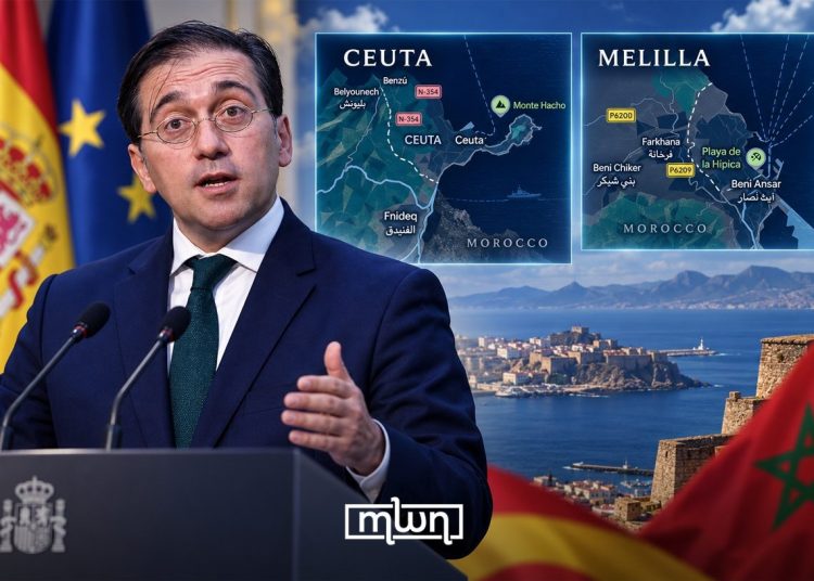 A graphic featuring Spanish Foreign Minister José Manuel Albares speaking at a podium, with maps of Ceuta and Melilla and the Spanish and Moroccan flags in the background, by MWN Design Team.