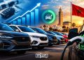 A graphic showing Morocco’s growing car market, with rows of vehicles, an electric car charging, an upward-trending graph, and the Moroccan flag over Casablanca’s skyline, by MWN Design Team.