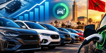 A graphic showing Morocco’s growing car market, with rows of vehicles, an electric car charging, an upward-trending graph, and the Moroccan flag over Casablanca’s skyline, by MWN Design Team.