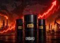 A graphic depicting rising global oil prices, featuring oil barrels, a refinery, an oil pumpjack, and an upward-trending market graph, by MWN Design Team.