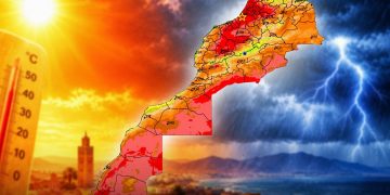 A graphic depicting Morocco’s extreme weather conditions, with a temperature gauge, a color-coded map of Morocco, intense heat on one side, and storms and lightning on the other, by MWN Design Team.