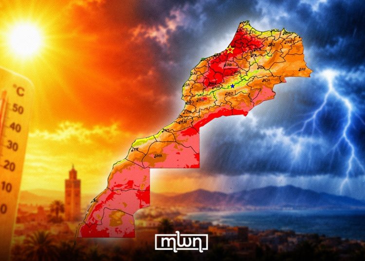 A graphic depicting Morocco’s extreme weather conditions, with a temperature gauge, a color-coded map of Morocco, intense heat on one side, and storms and lightning on the other, by MWN Design Team.