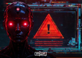A graphic depicting artificial intelligence as a humanoid robot, with glowing red eyes and a warning symbol displayed on a digital screen, by MWN Design Team.