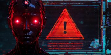 A graphic depicting artificial intelligence as a humanoid robot, with glowing red eyes and a warning symbol displayed on a digital screen, by MWN Design Team.