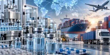 A graphic depicting the pharmaceutical industry and global trade, featuring medicines and vials alongside a cargo ship, trucks, an airplane, and a world map showing international connections, by MWN Design Team.