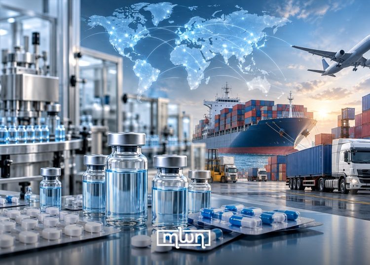 A graphic depicting the pharmaceutical industry and global trade, featuring medicines and vials alongside a cargo ship, trucks, an airplane, and a world map showing international connections, by MWN Design Team.