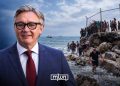 A graphic featuring Manuel Gavira, Vox’s vice president of Andalusia, alongside a scene of migrants arriving by sea, by MWN Design Team.