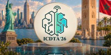 A graphic featuring the ICDTA-GLOBAL 2026 conference logo between the New York and Rabat skylines, with the Statue of Liberty and Morocco’s flag in the background, by MWN Design Team.