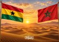 A graphic showing the Ghanaian and Moroccan flags flying over a desert landscape at sunset, by MWN Design Team.