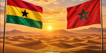 A graphic showing the Ghanaian and Moroccan flags flying over a desert landscape at sunset, by MWN Design Team.