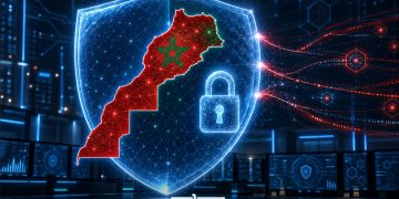 A graphic depicting Morocco’s cybersecurity landscape, featuring the Moroccan map within a digital shield, a padlock symbol, and cybersecurity monitoring screens, by MWN Design Team.
