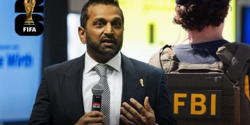 A graphic featuring FBI Director Kash Patel speaking at an event, alongside an FBI agent and the FIFA World Cup 2026 logo, by MWN Design Team.