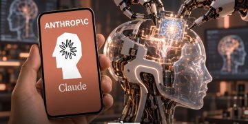 A graphic featuring Anthropic’s Claude AI, with the company’s logo displayed on a smartphone alongside a futuristic robotic head and AI technology, by MWN Design Team.
