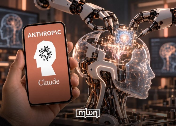 A graphic featuring Anthropic’s Claude AI, with the company’s logo displayed on a smartphone alongside a futuristic robotic head and AI technology, by MWN Design Team.