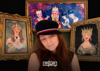 A collage featuring painter and designer Soundousse Belayachi and her artwork.