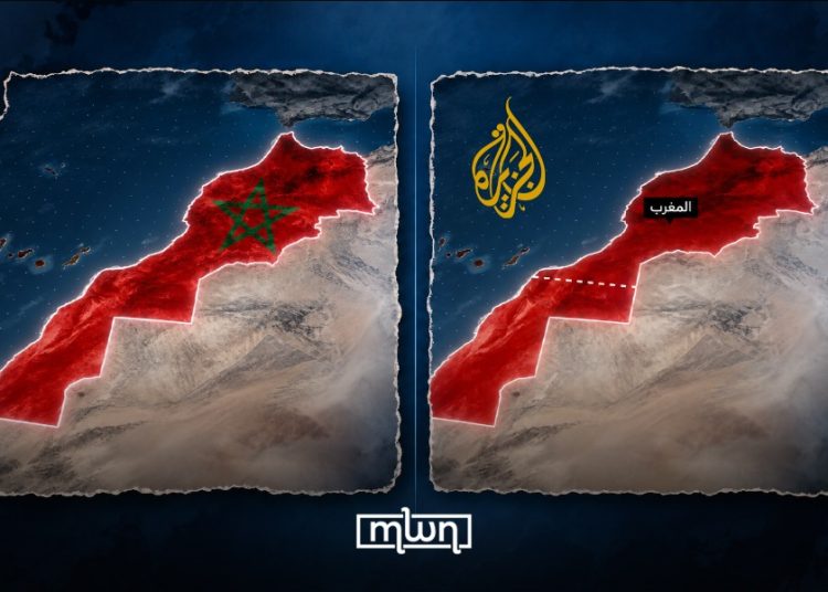 A graphic comparing two maps of Morocco, with the Al Jazeera logo and a divided representation of the country shown on the right, by MWN Design Team.