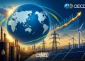 A graphic featuring the OECD logo, a global economy, rising growth indicators, oil infrastructure, electricity networks, solar panels, and wind turbines, by MWN Design Team.
