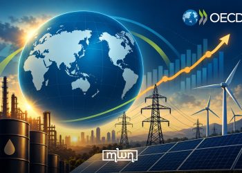A graphic featuring the OECD logo, a global economy, rising growth indicators, oil infrastructure, electricity networks, solar panels, and wind turbines, by MWN Design Team.