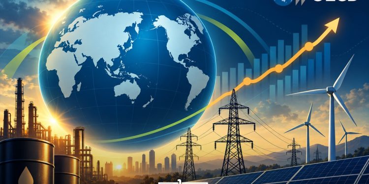 A graphic featuring the OECD logo, a global economy, rising growth indicators, oil infrastructure, electricity networks, solar panels, and wind turbines, by MWN Design Team.