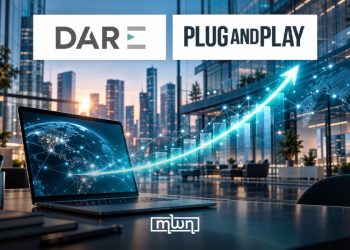 A graphic featuring DarE and Plug and Play, with a laptop, global digital network, modern business setting, and an upward-trending growth graphic, by MWN Design Team.