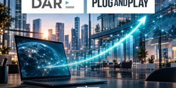 A graphic featuring DarE and Plug and Play, with a laptop, global digital network, modern business setting, and an upward-trending growth graphic, by MWN Design Team.