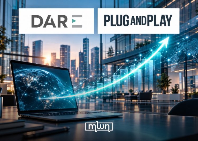 A graphic featuring DarE and Plug and Play, with a laptop, global digital network, modern business setting, and an upward-trending growth graphic, by MWN Design Team.