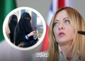 A graphic featuring Italian Prime Minister Giorgia Meloni alongside an image of women wearing niqabs, by MWN Design Team.