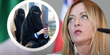 A graphic featuring Italian Prime Minister Giorgia Meloni alongside an image of women wearing niqabs, by MWN Design Team.