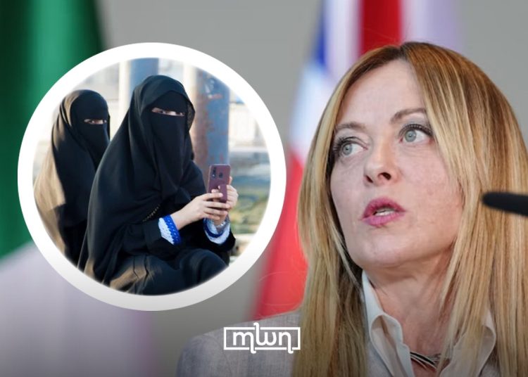 A graphic featuring Italian Prime Minister Giorgia Meloni alongside an image of women wearing niqabs, by MWN Design Team.