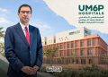 A graphic featuring Khalid Baddou alongside the UM6P Hospitals building and logo, by MWN Design Team.
