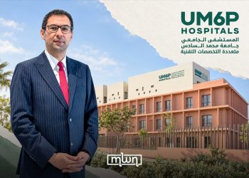 A graphic featuring Khalid Baddou alongside the UM6P Hospitals building and logo, by MWN Design Team.