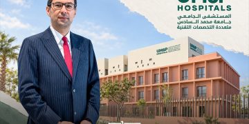 A graphic featuring Khalid Baddou alongside the UM6P Hospitals building and logo, by MWN Design Team.