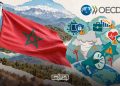A graphic featuring the Moroccan flag, the OECD logo, and illustrations representing disaster risks including cybersecurity threats, economic disruption, health emergencies, and natural hazards, by MWN Design Team.