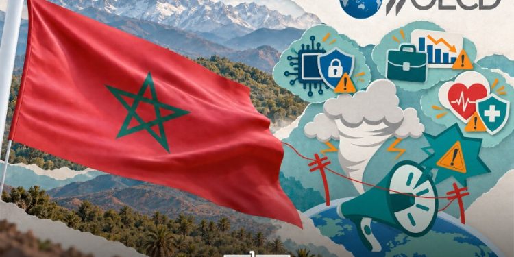 A graphic featuring the Moroccan flag, the OECD logo, and illustrations representing disaster risks including cybersecurity threats, economic disruption, health emergencies, and natural hazards, by MWN Design Team.