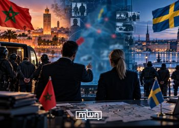 A graphic depicting Morocco-Sweden security cooperation, with the two countries’ flags, police forces, surveillance imagery, and cityscapes of Rabat and Stockholm, by MWN Design Team.