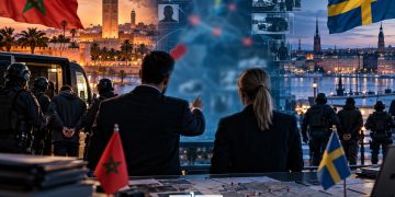 A graphic depicting Morocco-Sweden security cooperation, with the two countries’ flags, police forces, surveillance imagery, and cityscapes of Rabat and Stockholm, by MWN Design Team.