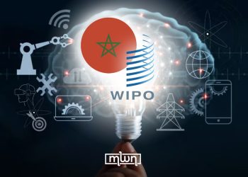 A graphic about the World Intellectual Property Organization (WIPO), using the Moroccan flag, a lightbulb, technology icons, robotics, and digital imagery to represent innovation, intellectual property, and technological development, by MWN Design Team.
