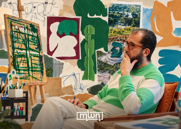 A graphic featuring Moroccan-Dutch artist Hakim El Amrani, founder of Studio NousNous, surrounded by paintings and creative works, by MWN Design Team.