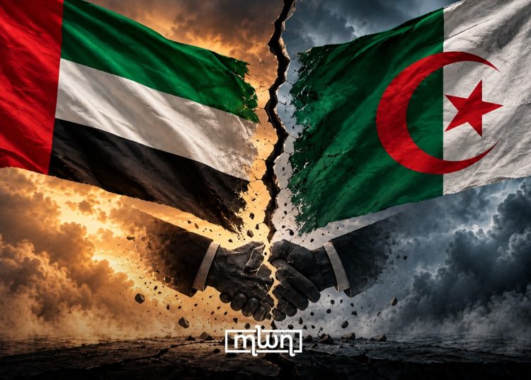 Illustration depicting a fractured handshake between the United Arab Emirates and Algeria. (Designed by MWN team)