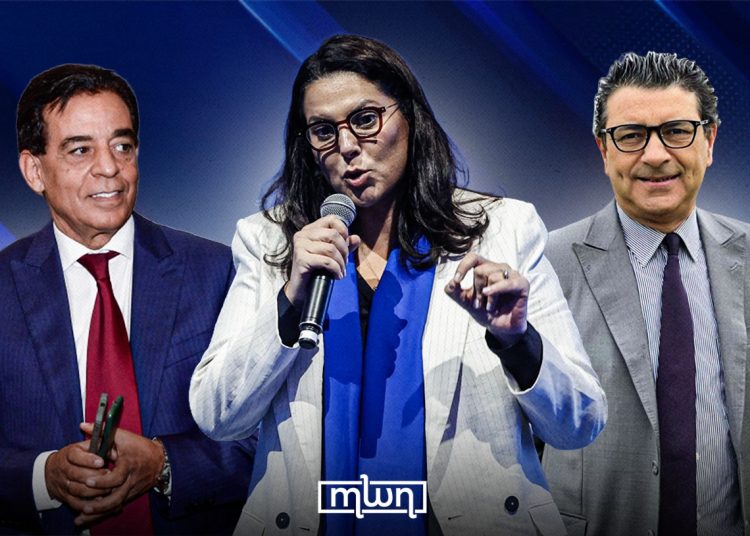Fatima Ezzahra El Mansouri pictured between Constitutional Union Secretary-General Mohamed Joudar and Democratic and Social Movement Secretary-General Abdessamad Archane. (Designed by MWN team)