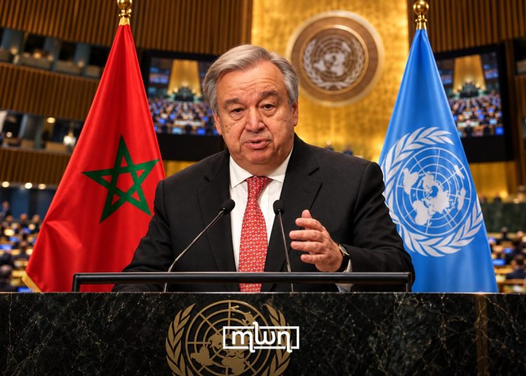 UN Secretary-General António Guterres pictured at the UN General Assembly podium alongside the Moroccan and United Nations flags. (Designed by MWN team)
